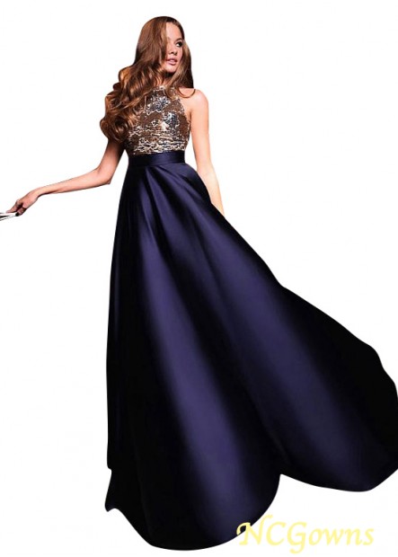 Pleat Skirt Type High Collar Neckline Sequin Lace  Satin Floor-Length Hemline Without Train Evening Dresses T801525359409