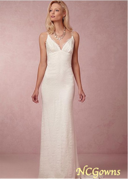 Sweep 15-30Cm Along The Floor Spaghetti Straps Neckline Full Length Length Sleeveless Sheath Column Wedding Dresses
