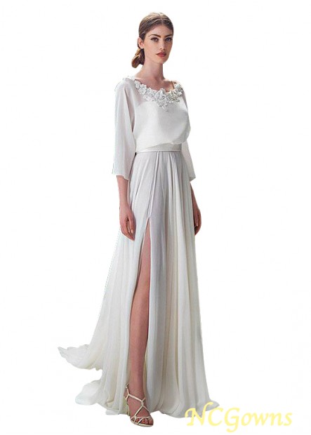 Sweep 15-30Cm Along The Floor Full Length Natural Waistline 3 4-Length Scoop Neckline Beach Wedding Dresses
