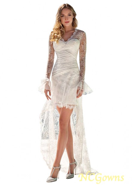 Sheath Column Illusion Sleeve Type Long V-Neck Lace Beach Wedding Dresses