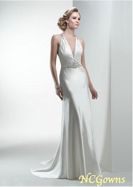Halter Neckline Satin Fabric Sheath Column Silhouette Sleeveless Sleeve Length Full Length Natural Wedding Dresses
