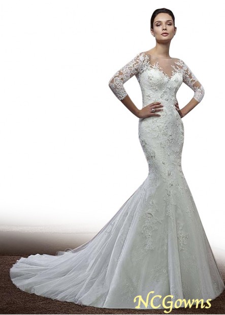 Ncgowns Full Length Jewel Cathedral 50-70Cm Along The Floor Train Natural Waistline 3 4-Length Tulle  Lace Wedding Dresses