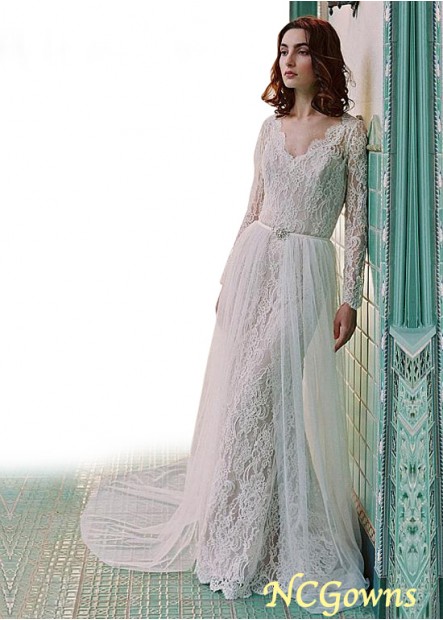 Full Length Length Chapel 30-50Cm Along The Floor Illusion Natural Lace Fabric V-Neck Wedding Dresses