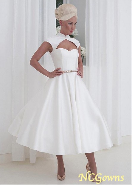 Without Train Tea-Length A-Line Silhouette Cap Sleeve Type Wedding Dresses