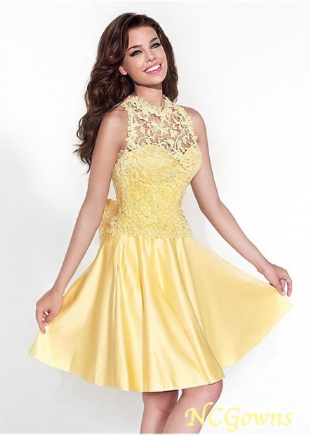 Ncgowns Satin A-Line High Collar Yellow Tone Homecoming Dresses