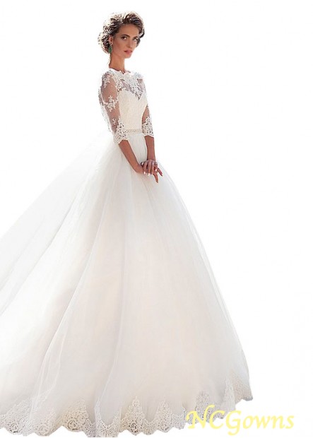 Bateau Neckline Illusion Ball Gown Silhouette With Sleeves