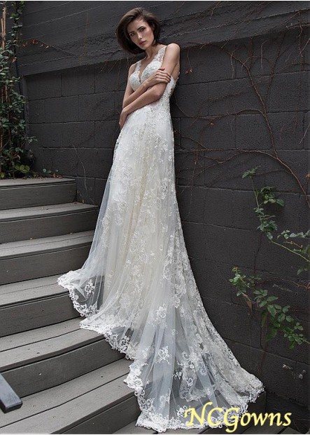 Full Length V-Neck Tulle Fabric A-Line Lace Wedding Dresses