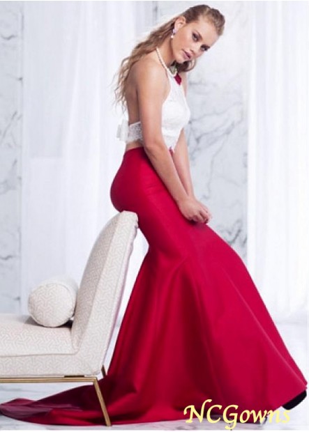 Red Tone Halter Fishtail Floor-Length Lace  Satin Prom Dresses T801525406206