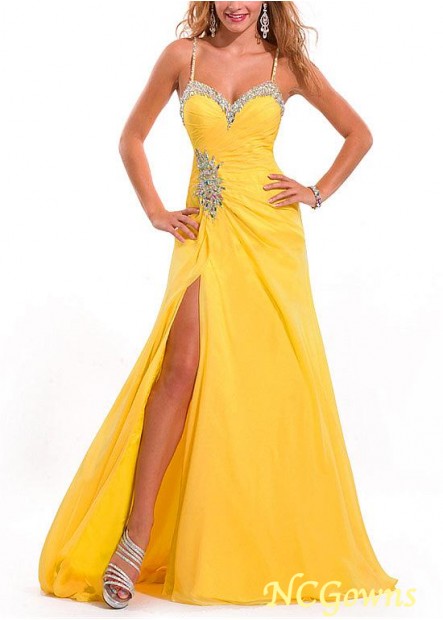 Spaghetti Straps Slit Skirt Type Yellow Tone A-Line Evening Dresses