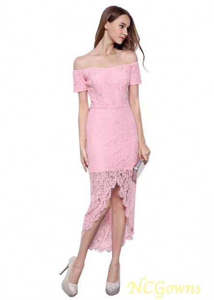 Hi-Lo Sheath Column Pink Off-The-Shoulder Straight Lace Prom Dresses T801525406525