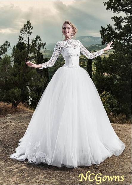 Long Full Length Bateau Tulle Fabric Wedding Dresses