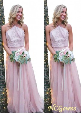Full Length Natural Halter A-Line Pink Dresses