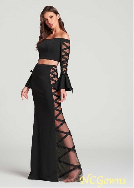 Off-The-Shoulder Neckline Straight Skirt Type Black Acetate Satin Fabric Floor-Length Hemline Black Dresses