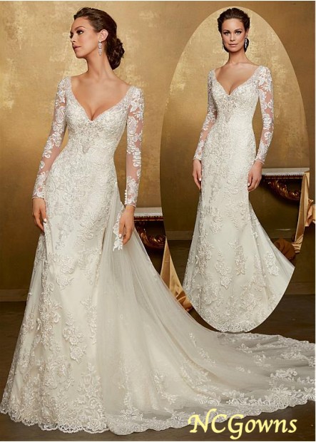 V-Neck Natural Waistline Long Sleeve Length Wedding Dresses