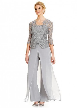 Chiffon Gray Mother of the Bride Pantsuit with Coat/Jacket  
