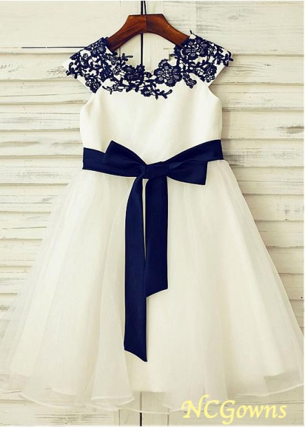 Knee-Length Tulle  Satin A-Line Silhouette White Flower Girl Dresses