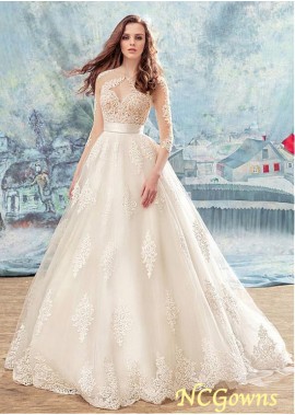Tulle Fabric Chapel 30-50Cm Along The Floor Jewel Neckline Natural 3 4-Length Sleeve Length Wedding Dresses