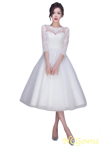 Jewel Neckline 3 4-Length Ball Gown Tea-Length Short Wedding Dresses