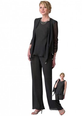 Full Length Black Mother Of The Bride Pantsuit with Coat/Jacket