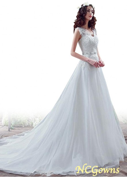 A-Line Silhouette V-Neck Neckline Full Length Sleeveless Tulle Fabric Sweep 15-30Cm Along The Floor Natural Wedding Dresses