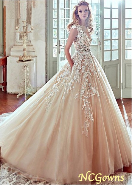 Cathedral 50-70Cm Along The Floor Natural Waistline Bateau Cap Sleeve Type Champagne Dresses