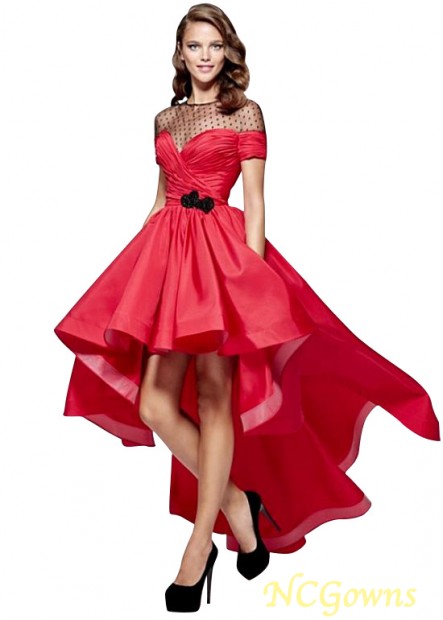 Red Tone Color Family Jewel Neckline A-Line Taffeta Prom Dresses
