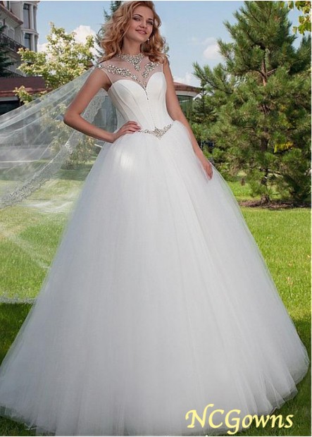 Short Sleeve Length Tulle Dropped Jewel Chapel 30-50Cm Along The Floor Ball Gowns