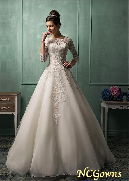 3 4-Length Sleeve Length Natural Bateau Tulle Full Length Length Wedding Dresses