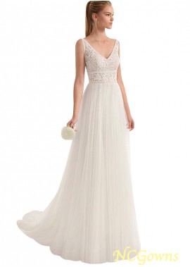 V-Neck A-Line Silhouette Tulle Full Length Length Beach Wedding Dresses
