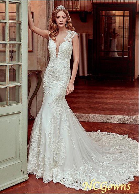 Ncgowns Mermaid Trumpet Chapel 30-50Cm Along The Floor Train Full Length Length Natural Lace Wedding Dresses