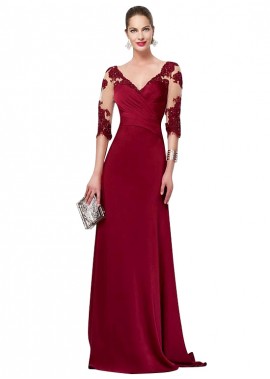 Ncgowns Illusion Sleeve Type A-Line V-Neck Red Tone Tulle  Acetate Satin Fabric Mother Of The Bride Dresses