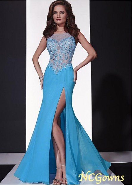 Scoop Sheath Column Silhouette Blue Tone Color Family Slit  Tulle  Chiffon Fabric Special Occasion Dresses