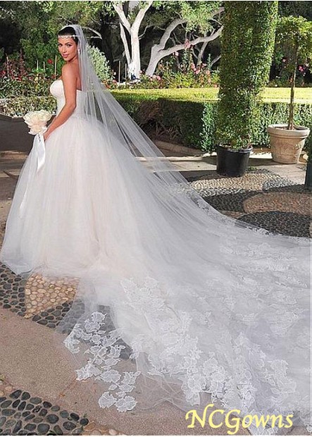 Full Length Length Sleeveless Lace  Tulle Royal Monarch 70Cm Along The Floor Train Ball Gown Strapless Neckline Wedding Dresses