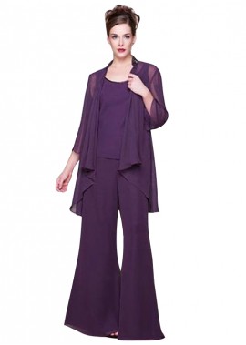 Ncgowns Full Length Purple Coat Jacket Sleeve Type Scoop Chiffon Fabric Pantsuit