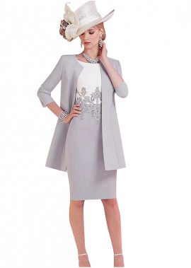 Knee-Length Satin Fabric Silver Mother Short Dresses with Coat/Jacket
