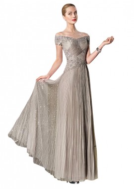 Full Length Tulle Off-The-Shoulder T-Shirt Sleeve Type A-Line Mother Of The Bride Dresses