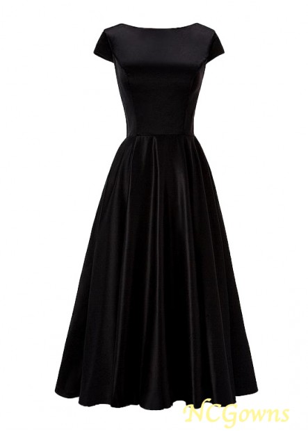 Satin Bateau Neckline Tea-Length Black Short Mother Dresses