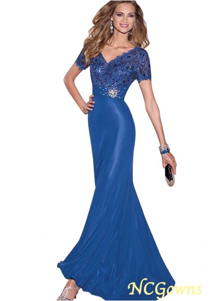 Ncgowns V-Neck Neckline Full Length Lace  Chiffon Fabric Royal Blue Dresses