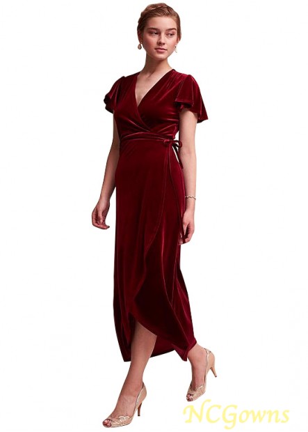 Velvet Tea-Length Length Red Tone Color Family Sheath Column Red Dresses