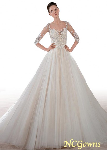 Jewel Sweep 15-30Cm Along The Floor 3 4-Length Sleeve Length Natural Waistline A-Line Wedding Dresses