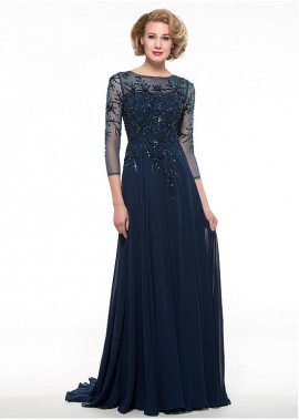 Blue Tone Full Length Illusion Sleeve Type Chiffon Mother Of The Bride Dresses