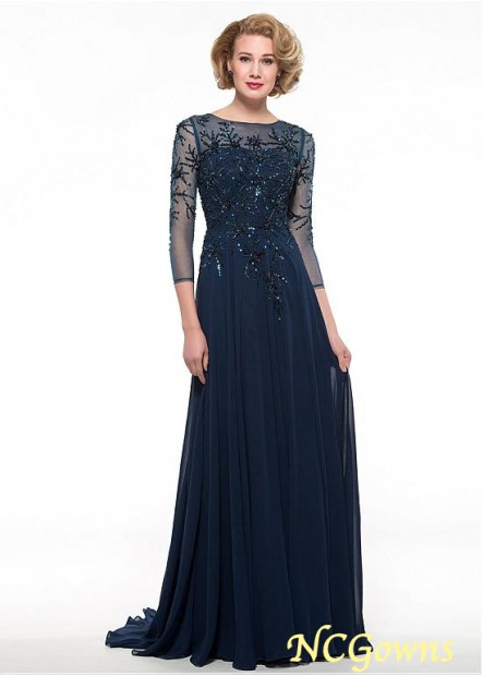 Blue Tone Full Length Illusion Sleeve Type Chiffon Mother Of The Bride Dresses