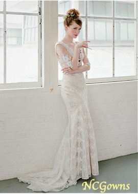 3 4-Length Sleeve Length Tulle  Lace Fabric Illusion Sleeve Type Chapel 30-50Cm Along The Floor Scoop Lace Wedding Dresses