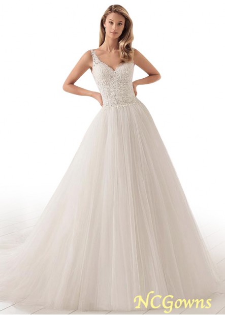 Tulle  Lace Fabric Sleeveless Chapel 30-50Cm Along The Floor Train V-Neck Neckline A-Line Silhouette Champagne Dresses