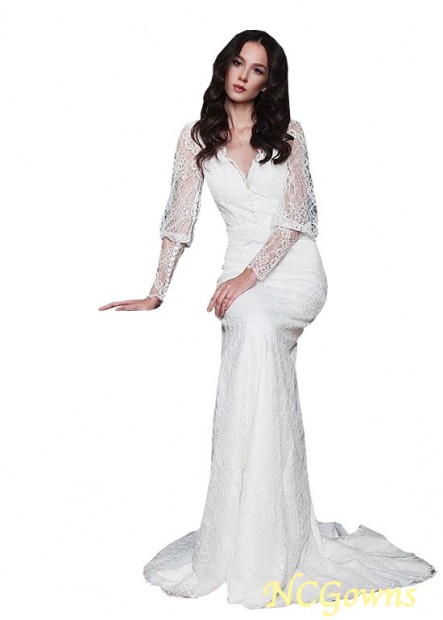 V-Neck Mermaid Trumpet Long Full Length Lace Fabric Illusion Lace Wedding Dresses