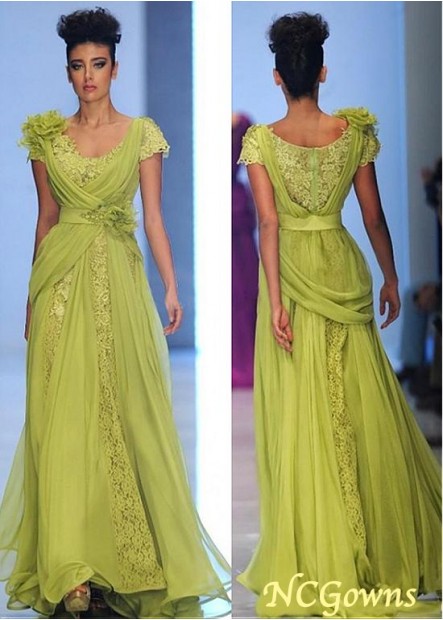 A-Line Floor-Length Green Color Family Chiffon  Lace Fabric Prom Dresses