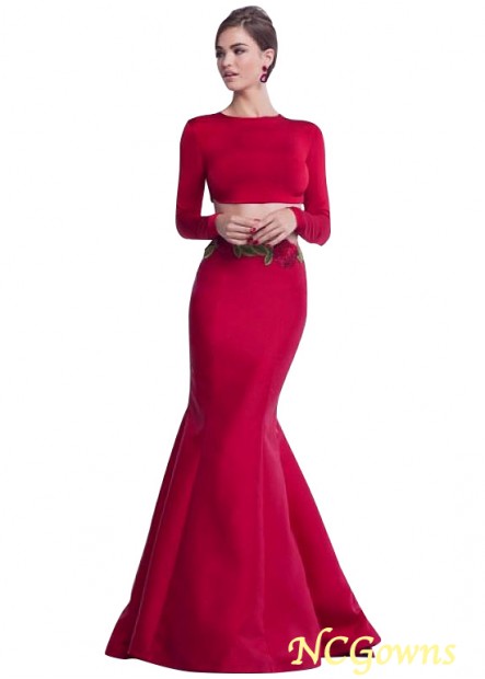 Fishtail Floor-Length Hemline Jewel Neckline Red Tone Color Family Spandex  Satin With Sleeves