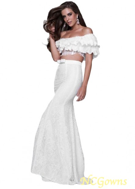 Lace Fabric Off-The-Shoulder Floor-Length Hemline White Color Family Prom Dresses