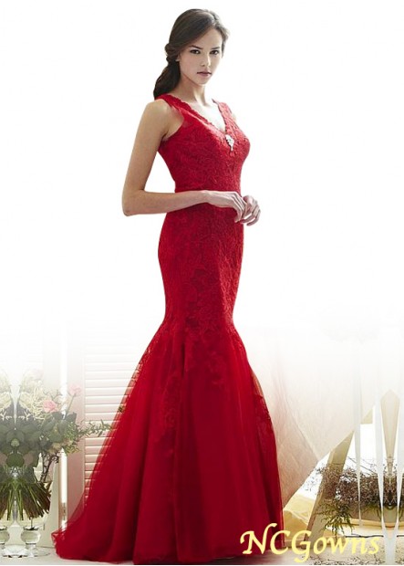 Ncgowns Floor-Length V-Neck Neckline Fishtail Mermaid Trumpet Tulle Fabric Red Dresses