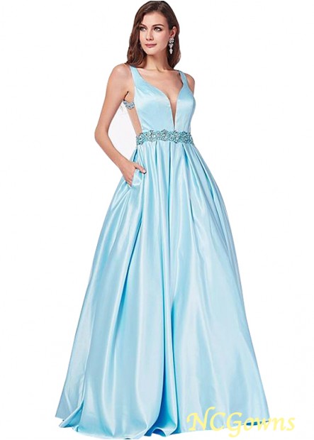 Blue Tone Color Family Floor-Length Satin  Tulle Fabric A-Line Silhouette Prom Dresses